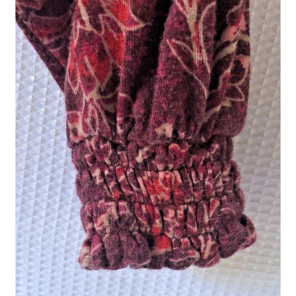 Knox Rose Women's L Knit V-Neck Button Up Top Burgundy Floral Boho - Picture 6 of 14